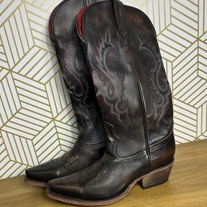 Freebird Brown and Red Heeled Boots with Western Flair